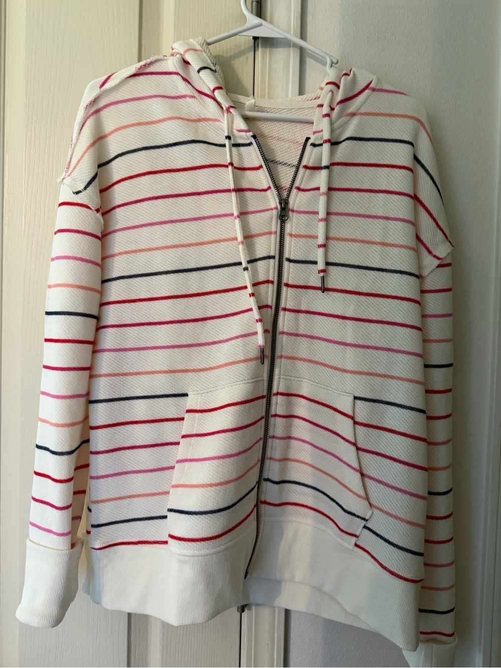 Maurice’s White Zip Hoodie with Multi-Color Stripes size medium